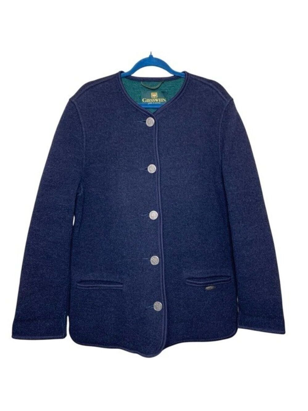 Giesswein Austria Boiled Wool Cardigan Jacket Sz 14 Navy Blue Embossed button